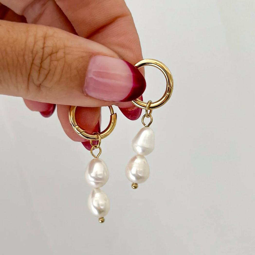 Double Drop Pearl Earrings in Gold