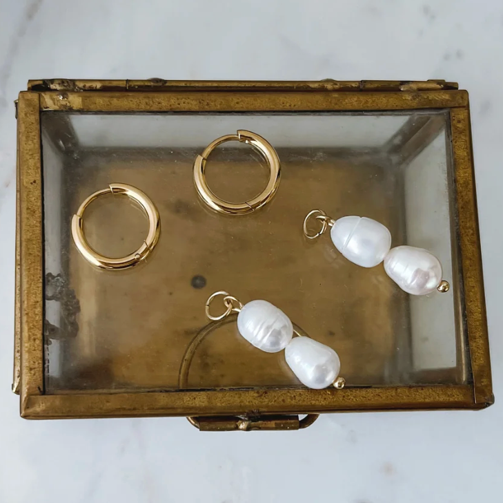 Double Drop Pearl Earrings in Gold