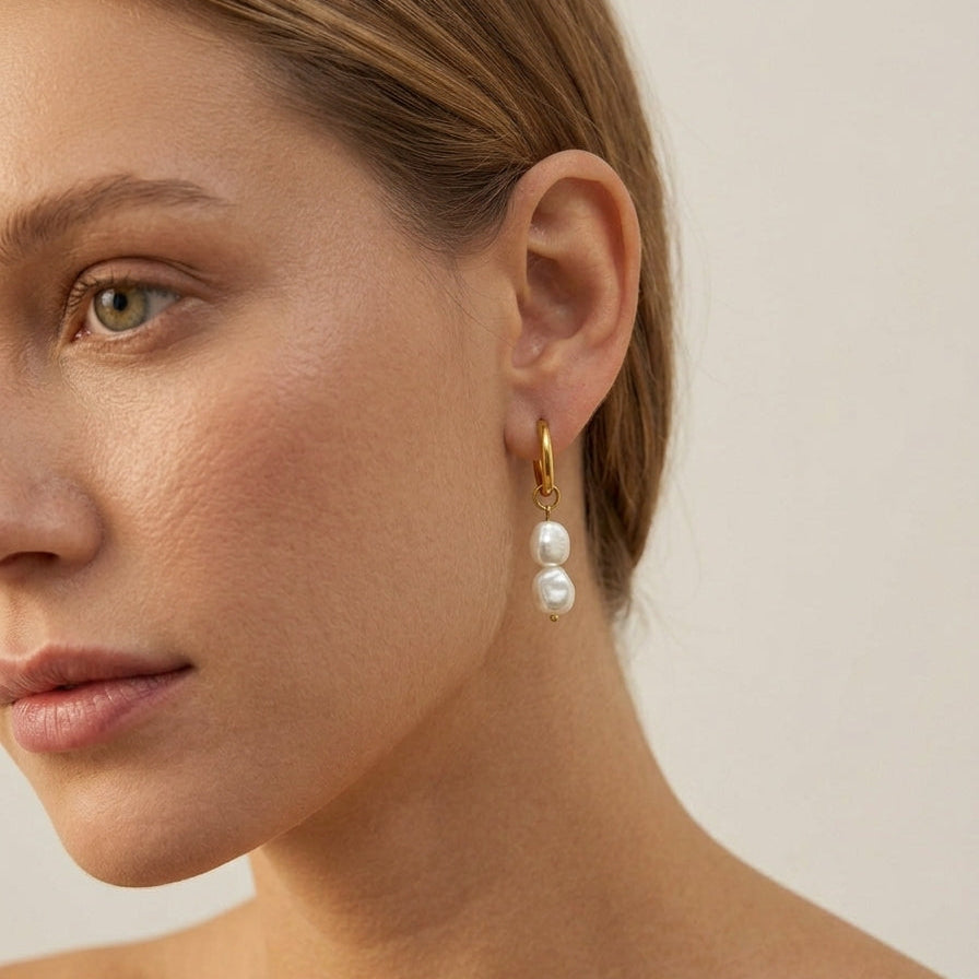 Double Drop Pearl Earrings in Gold